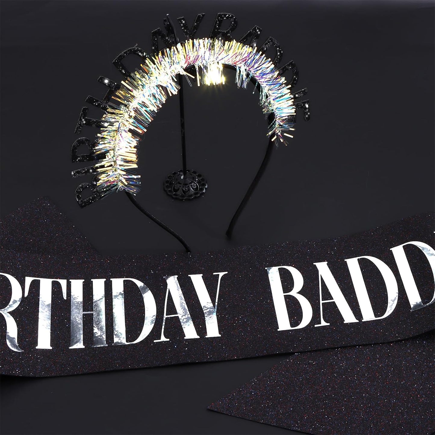 Birthday Baddie Glitter Headband and Sash Set, Black with Iridescent Tinsel, Birthday Party Accessories