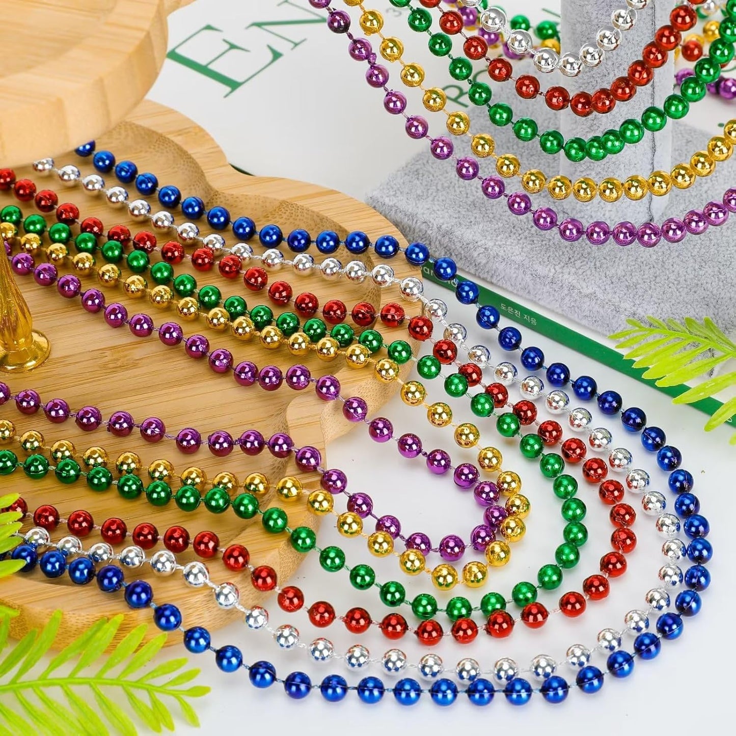 EOBOH 144PCS Mardi Gras Beads, Metallic 12 Kinds Bead Necklace Party Supplies, 33" Mardi Gras Necklace Costume Stuff, Festival Parade Throw Accessories for Wedding Birthday Celebrations Decorations