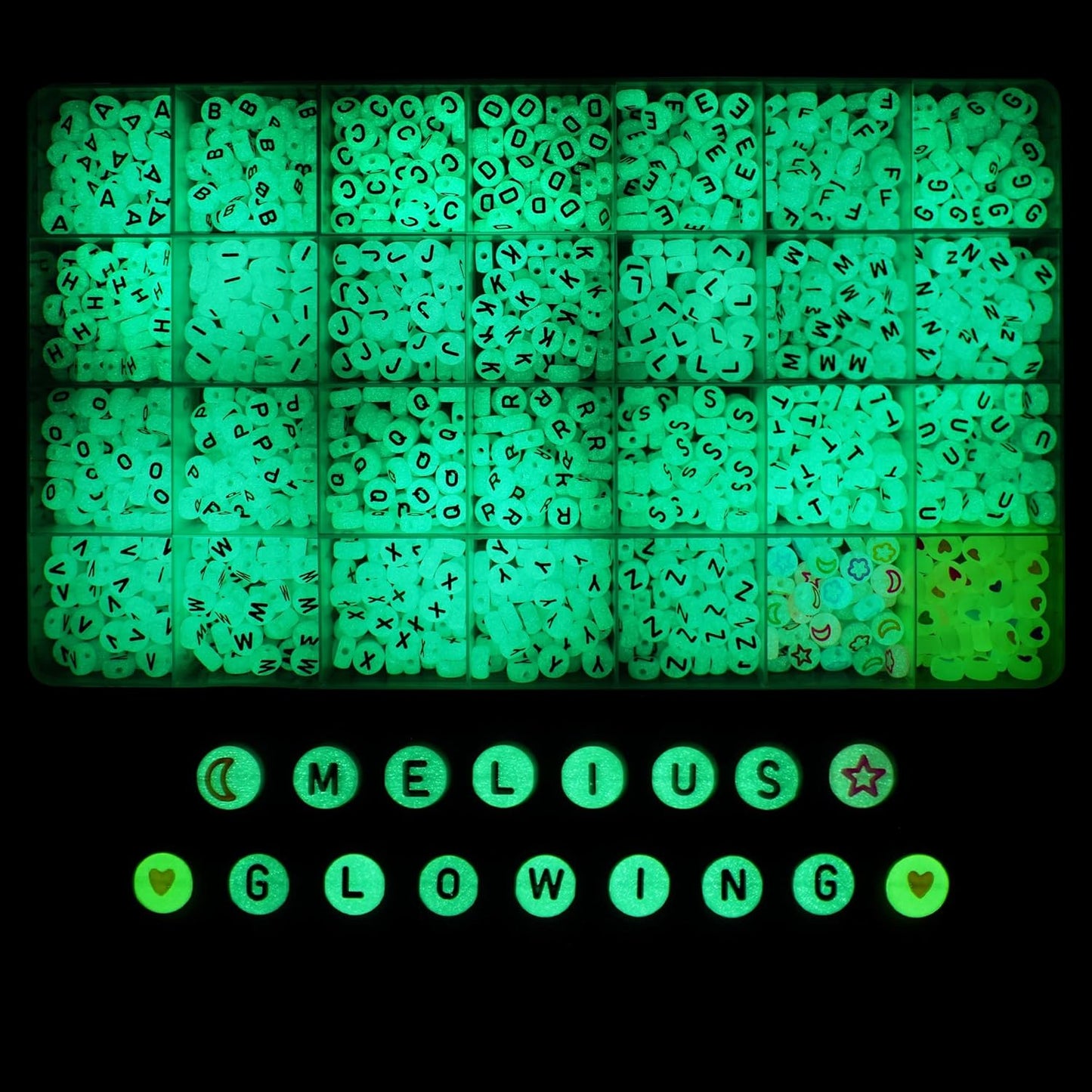 Melius 1450Pcs Acrylic Glow Letter Beads, Alphabetical Glowing in The Dark Beads in 28 Grid Box for Jewelry Making, DIY Bracelets, Necklaces, Key Chains (Glowing, 4x7mm)