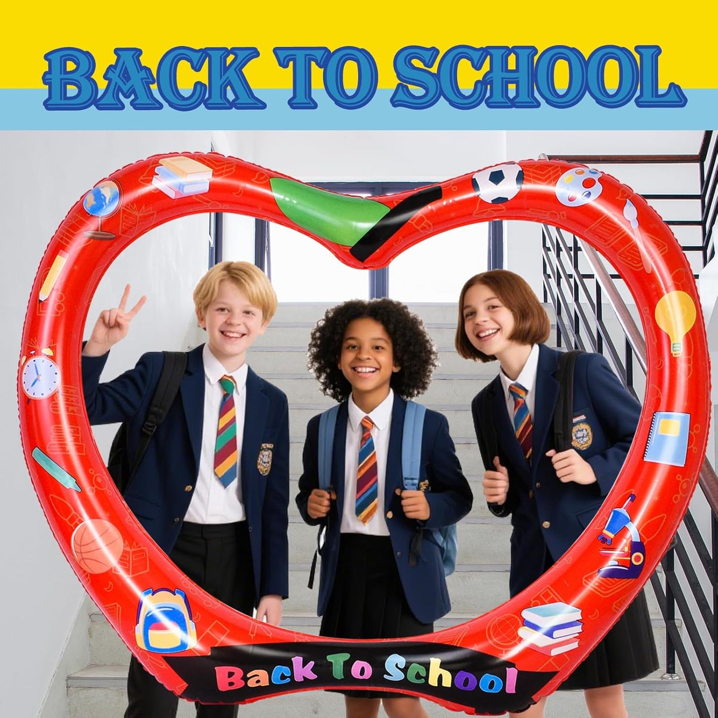 Back to School Photo Booth Frame Inflatable Apple Balloon Frame with 25pcs Photo Props, 40Inch Large First Day of School Selfie Photo Booth Backdrop Welcome Back to School Decorations Party Supplies