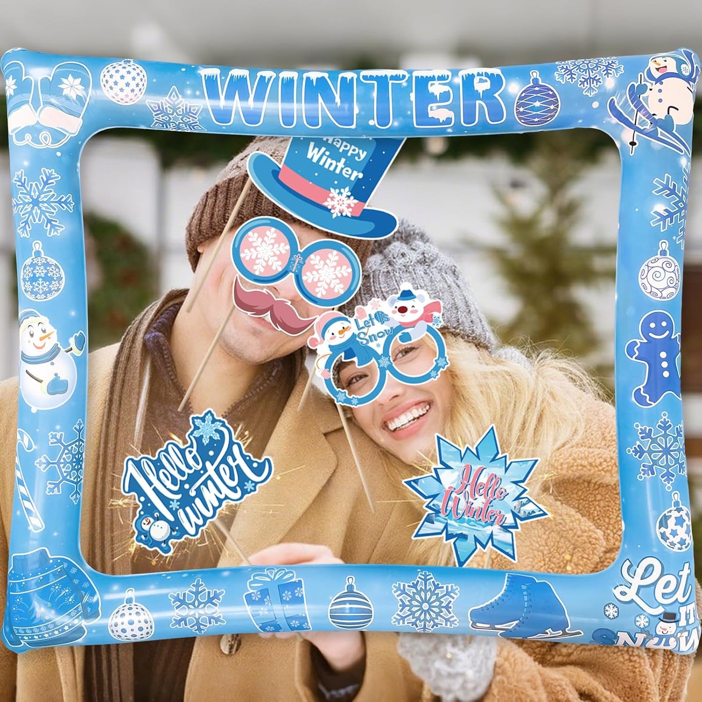 Hawaiian Photo Booth Props & Inflatable Frame, 30Pcs Luau Photobooth Props with Large Inflatable Inflatable Selfie Picture Frame for Summer Tropical Aloha Luau Party Selfie Supplies