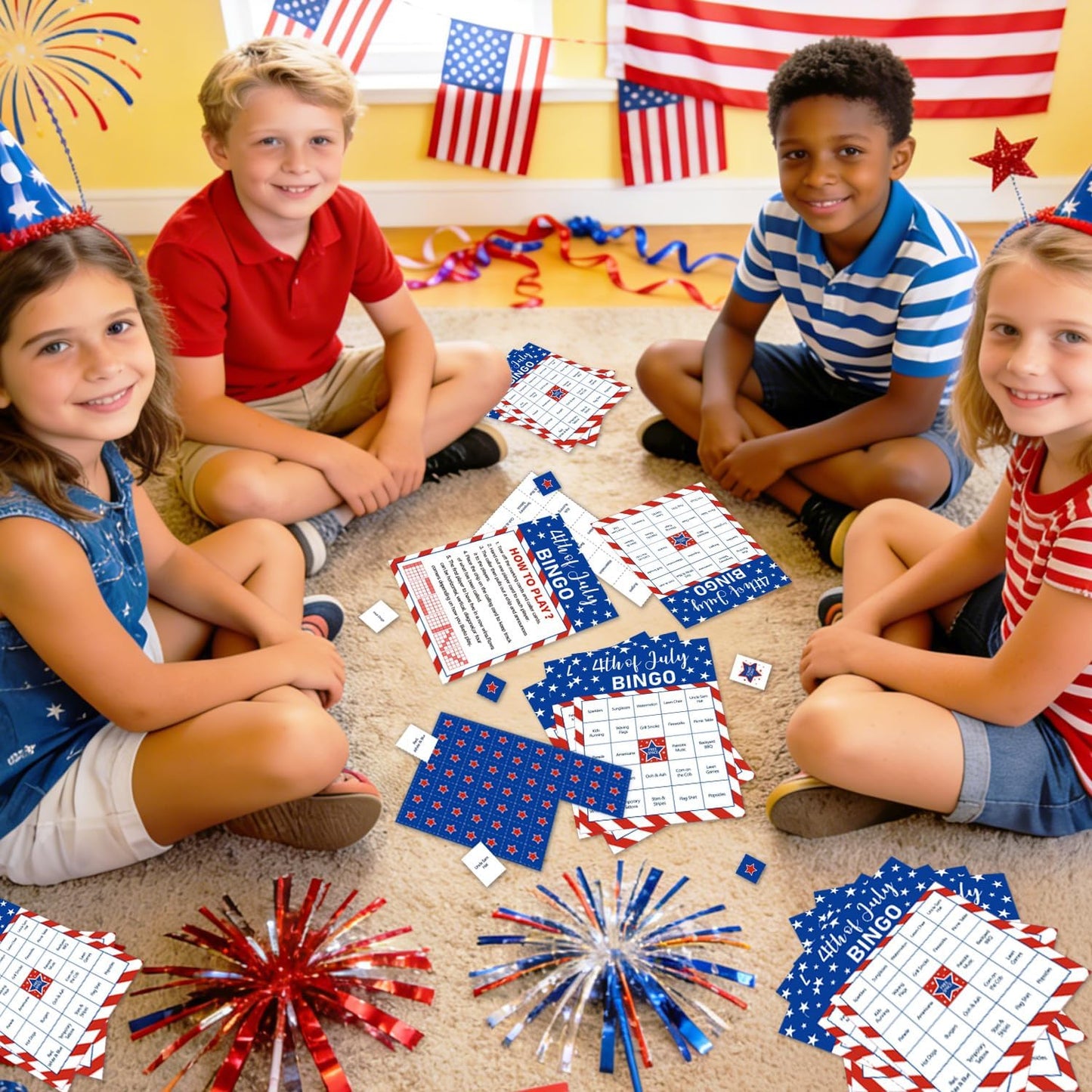 4th of July Bingo Game Set for 24 - Patriotic Party Activities, Independence Day Games for Family Reunion, School & Classroom Decorations – 5" x 7" Cards