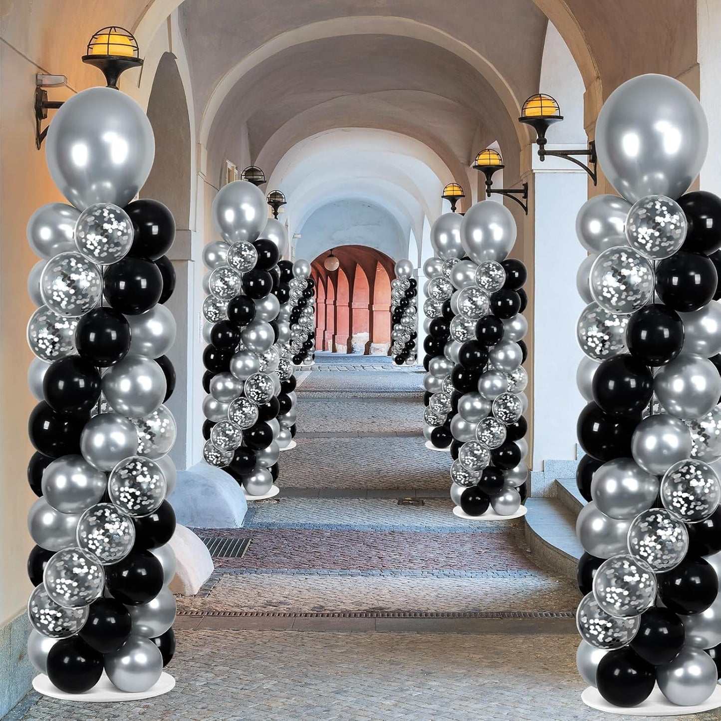 2 Set Black and Gold Balloons Column Stand Kit with 100 Balloons Adjustable Balloon Stand with Bases for Floor Black Gold Confetti Balloon Column Kit for Bridal Shower Valentine Birthday Party Decor
