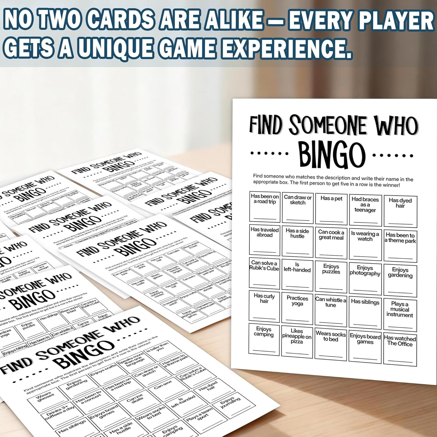 Team Building Games for Work Adults – Find Someone Who Bingo Game, 25 Unique Human Bingo Cards 5x7 Inch, Ice Breaker & Office Games for Parties, Meetings & Events - A05