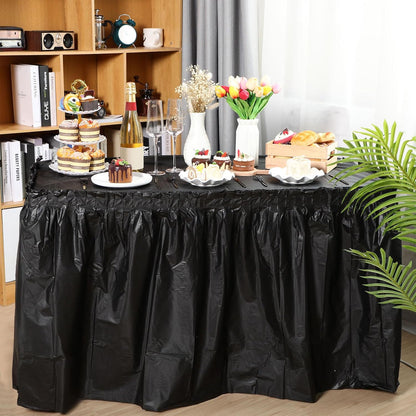 Oudain 6 Pcs Plastic Table Skirts and Stainproof Table Cloths 54 x 108 in Plastic Ruffle Tablecloth 168 x 29 Inches Disposable for Wedding Baby Shower Valentine Spring Easter Party(White)