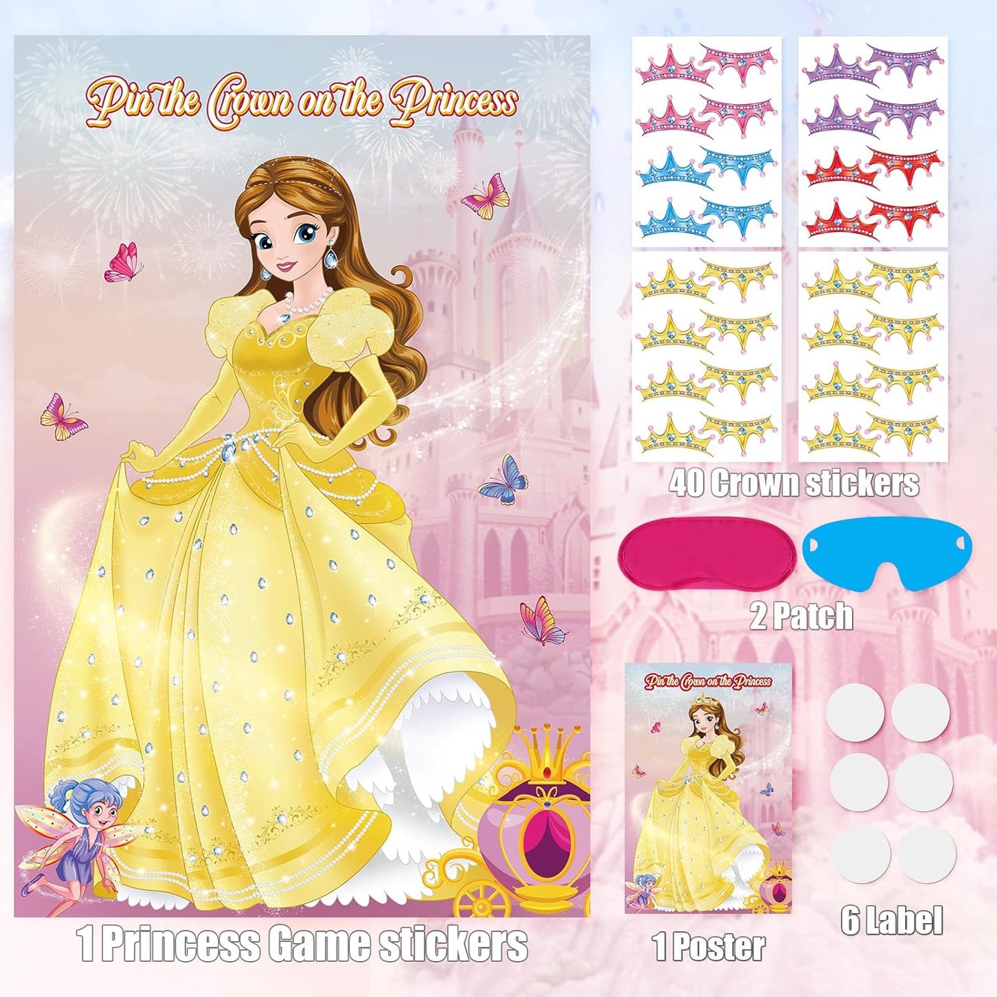 Pin The Crown on The Princess Party Games for Girls Princess Birthday Party with 24 Pcs Crowns, Large Princess Poster for Kids Girls Princess Birthday Party Princess Tea Party Decorations
