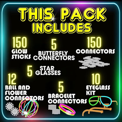 PartySticks Ultra Bright Bulk Party Supplies - Glow in The Dark Glow Sticks with Eye Glasses, Bracelets, and Connectors - Light Up Halloween 4th of July Party Favors
