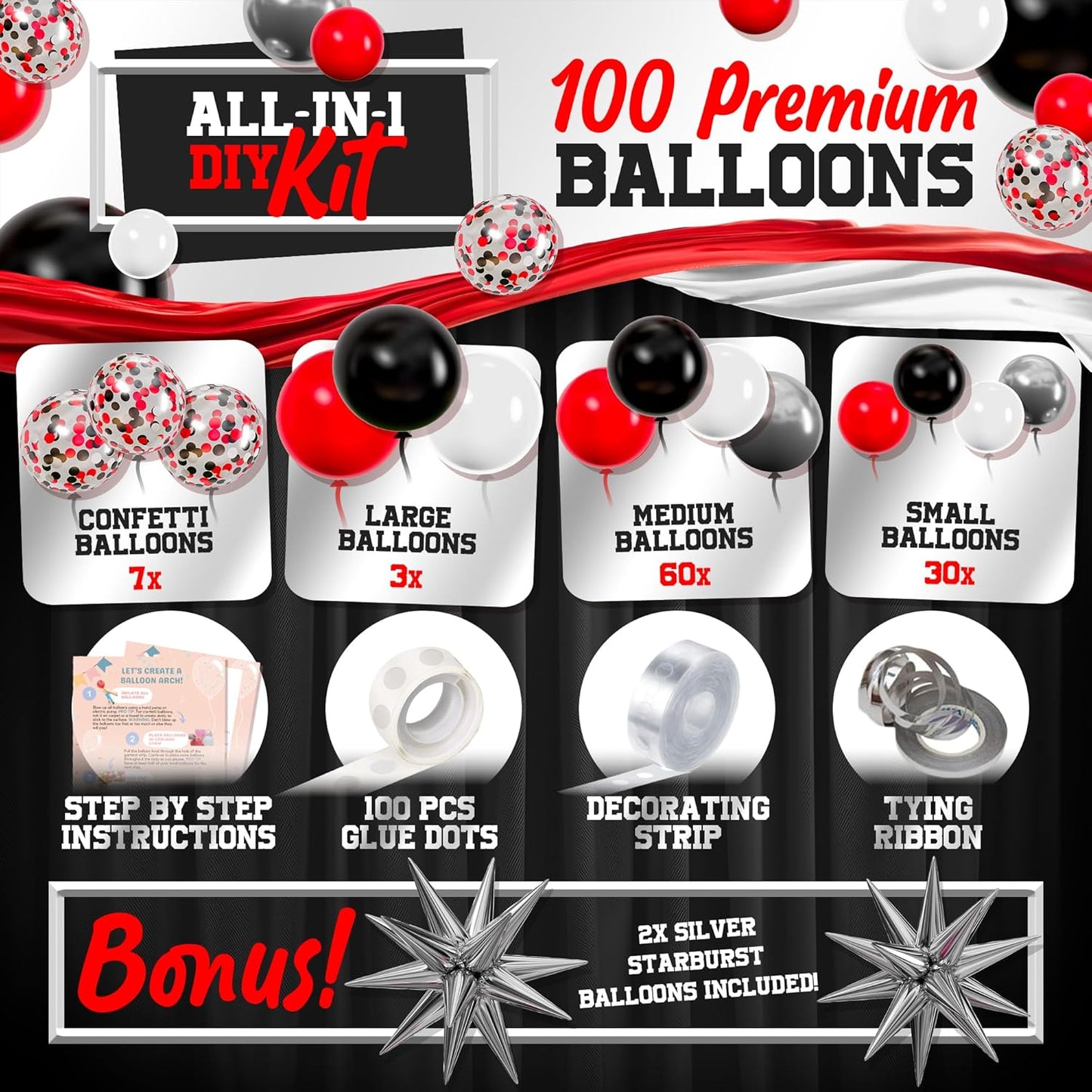 ALL-IN-1 Red Black and White Balloon Arch Kit for Red and Black Birthday Party Decorations – Reds and Blacks Balloons for White Black and Red Balloon Garland Kit – Graduation Black and Red Balloons