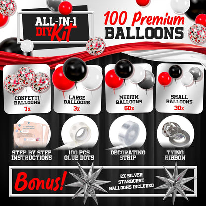 ALL-IN-1 Red Black and White Balloon Arch Kit for Red and Black Birthday Party Decorations – Reds and Blacks Balloons for White Black and Red Balloon Garland Kit – Graduation Black and Red Balloons