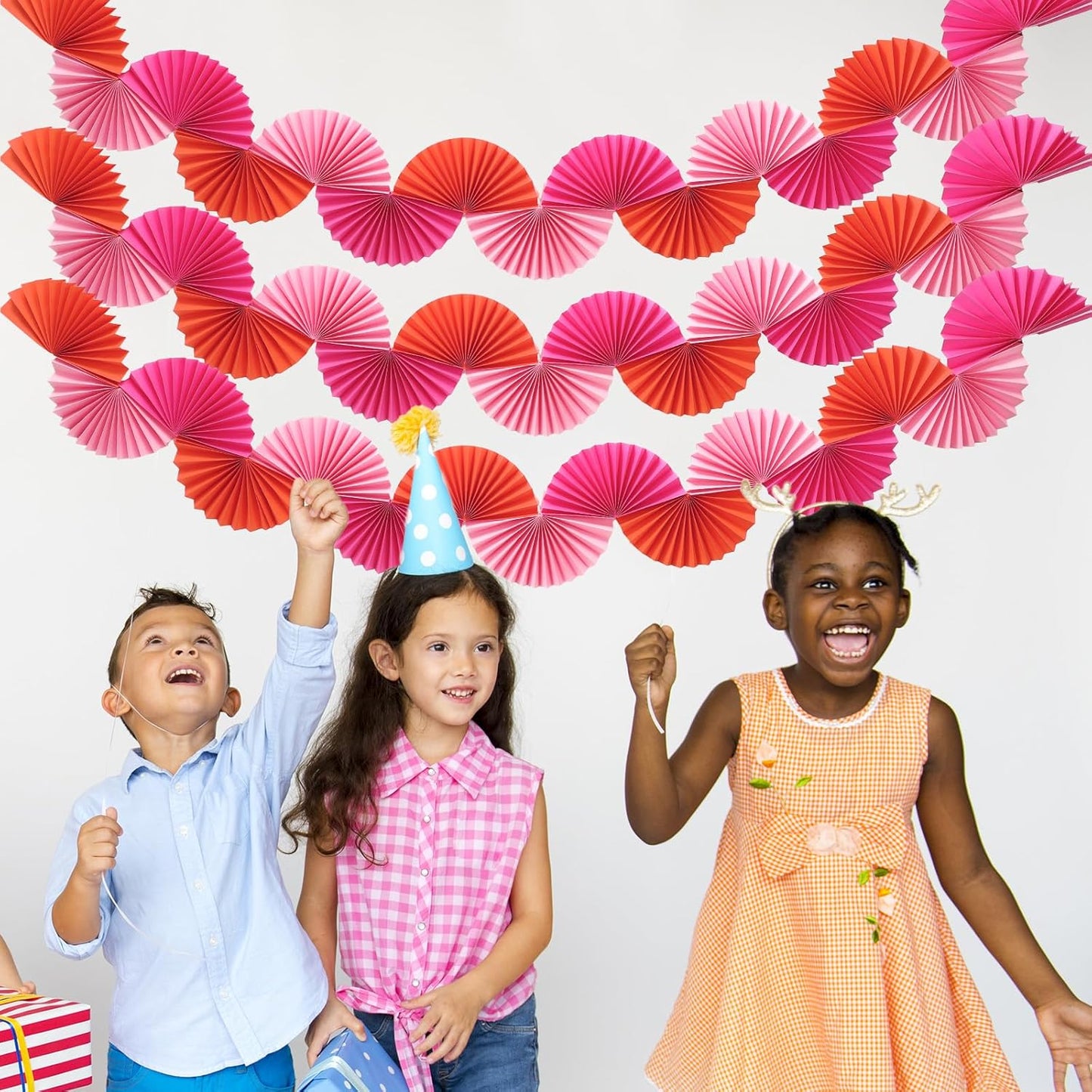 Whaline 3 Pack Paper Fans Garland 15.7 Ft Rose Red Pink Orange Hanging 3D Ornament Banners for Birthday Bachelorette Party Wall Ceiling Decoration