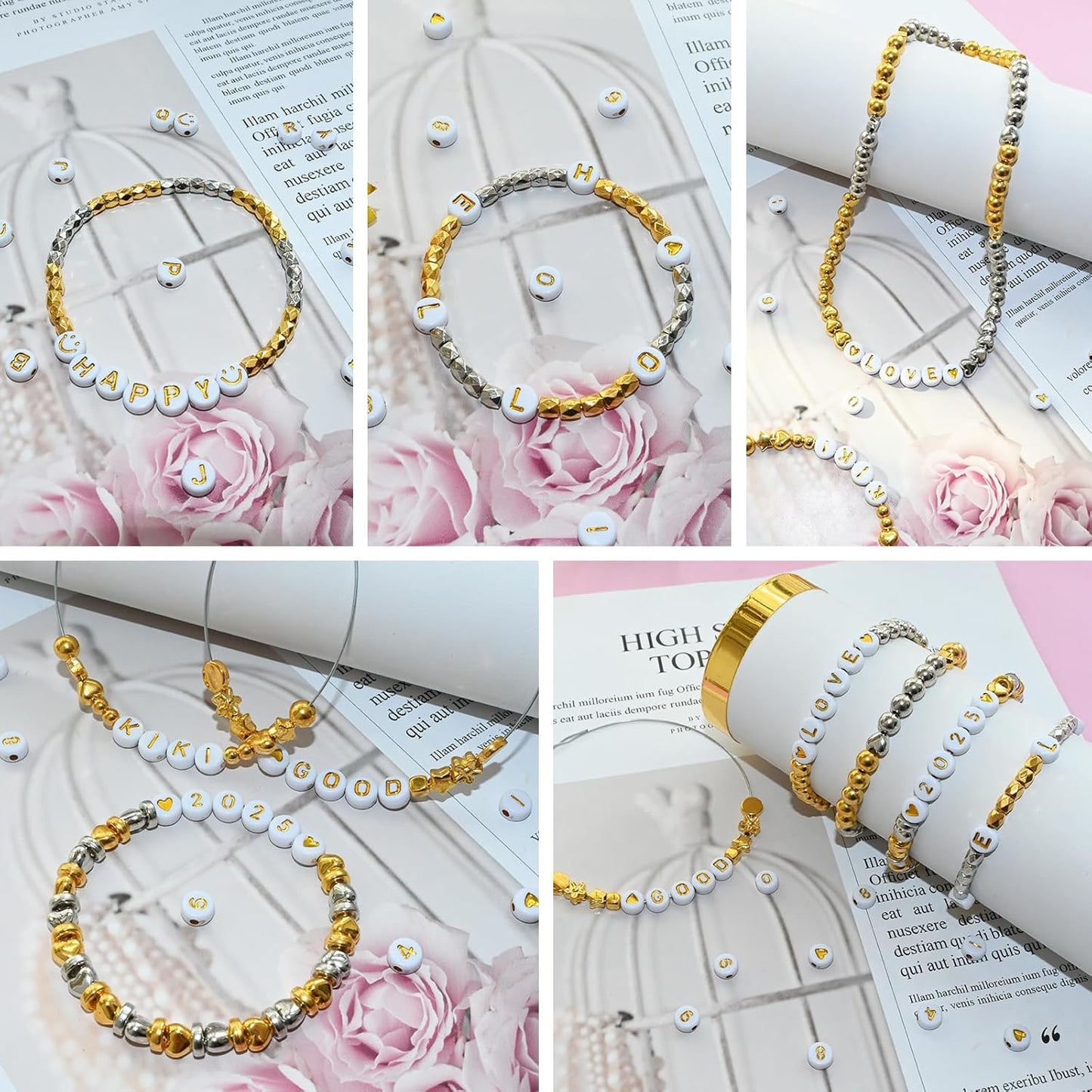 Amaney 1400pcs Glow Letter Beads, Heart Beads Whit Elastic Beading Cord,4x7mm Round Acrylic Alphabet Beads for Friend Bracelet Jewelry Making