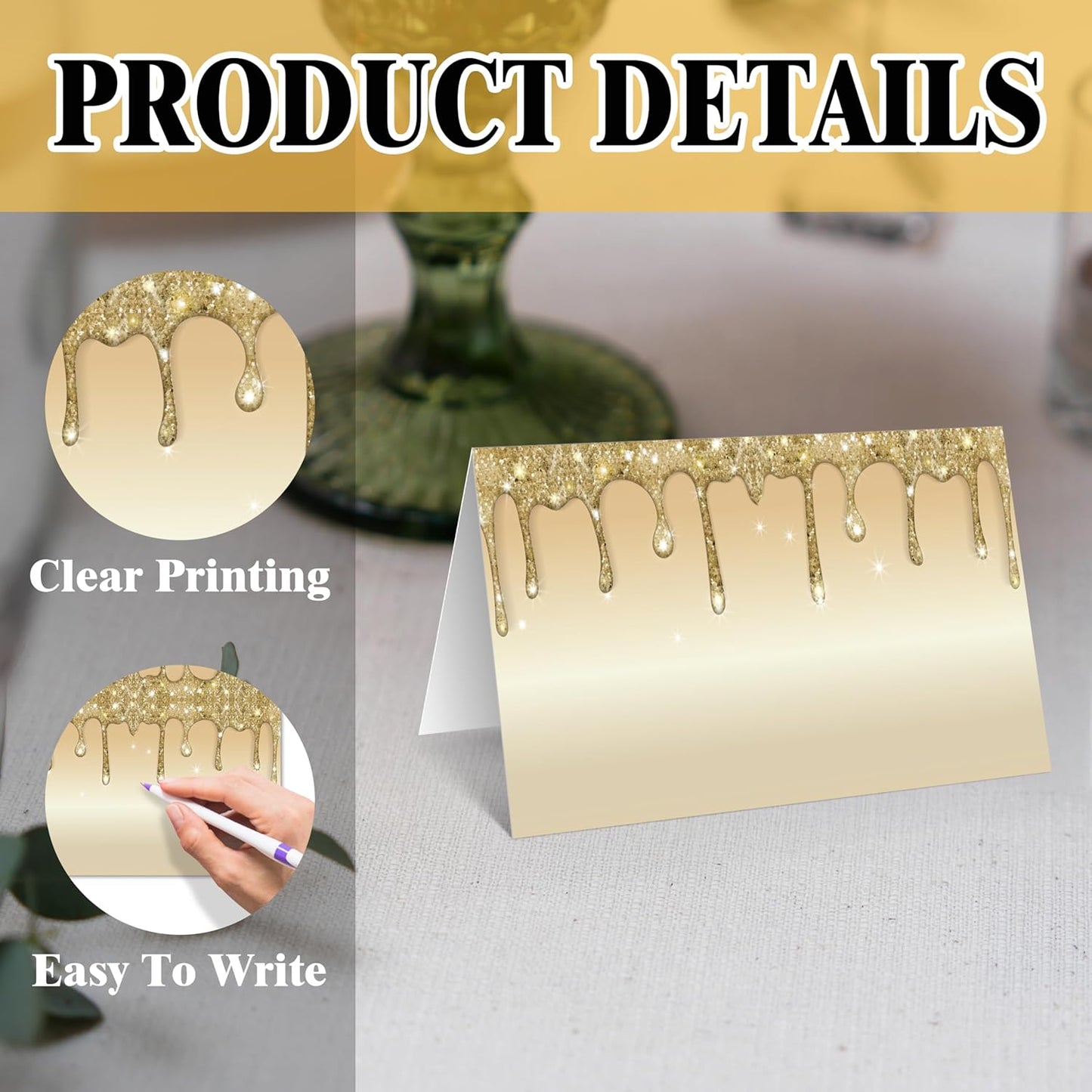 Gold Foil Place Cards, Gold Glitter Name Card For Table Setting, 25 Food Table Tent Cards For Birthday Wedding Baby Shower Dinner Party, Food Name Labels Decorations -A04