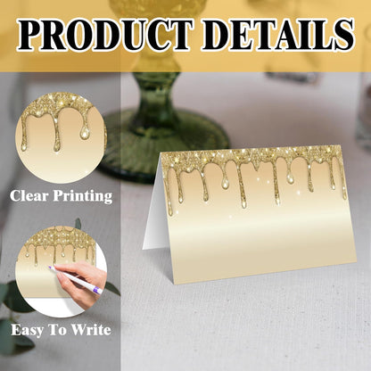 Gold Foil Place Cards, Gold Glitter Name Card For Table Setting, 25 Food Table Tent Cards For Birthday Wedding Baby Shower Dinner Party, Food Name Labels Decorations -A04
