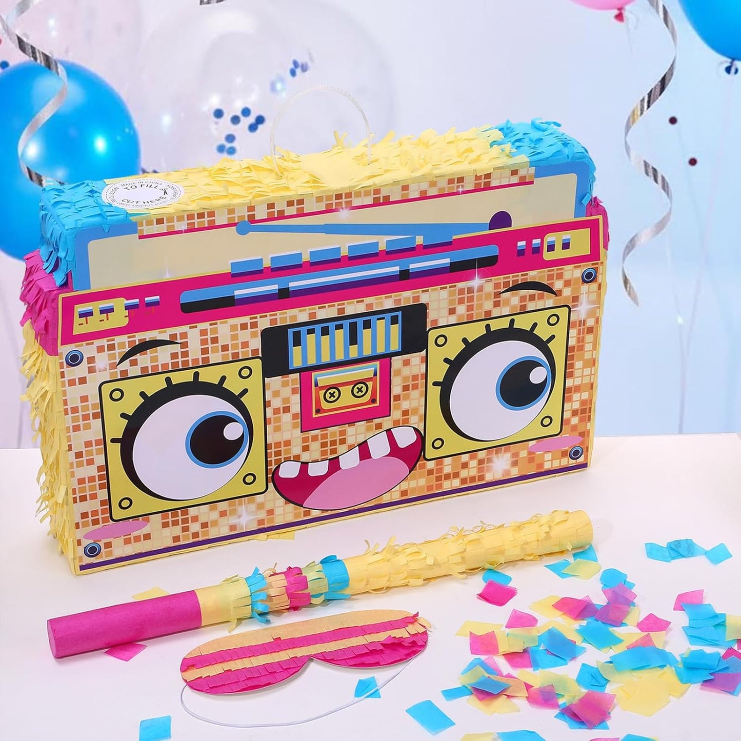 Rock and Roll Skeleton Piñata with Headphones Design Blindfold Hitting Stick Confetti for Music Themed Birthday Party (15.56 x 13.19 x 2.76 inch)