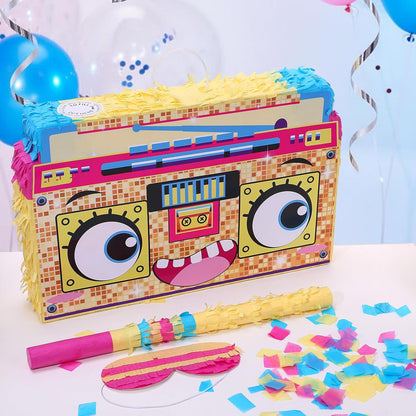 Rock and Roll Skeleton Piñata with Headphones Design Blindfold Hitting Stick Confetti for Music Themed Birthday Party (15.56 x 13.19 x 2.76 inch)