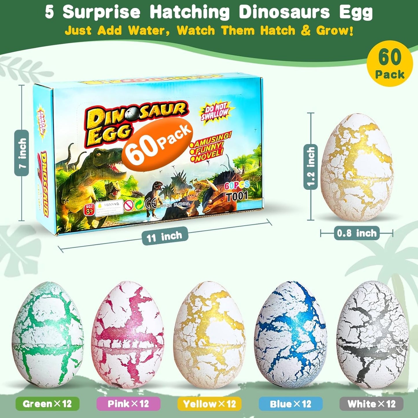 60 Pcs Hatching Dinosaur Eggs for Kids Party Favors, Easter Egg Filled with Toys Novelty Grow in Water Dino Eggs with Toys Inside Easter Basket Stuffers Birthday Gifts, Classroom Prize, Pinata Fillers
