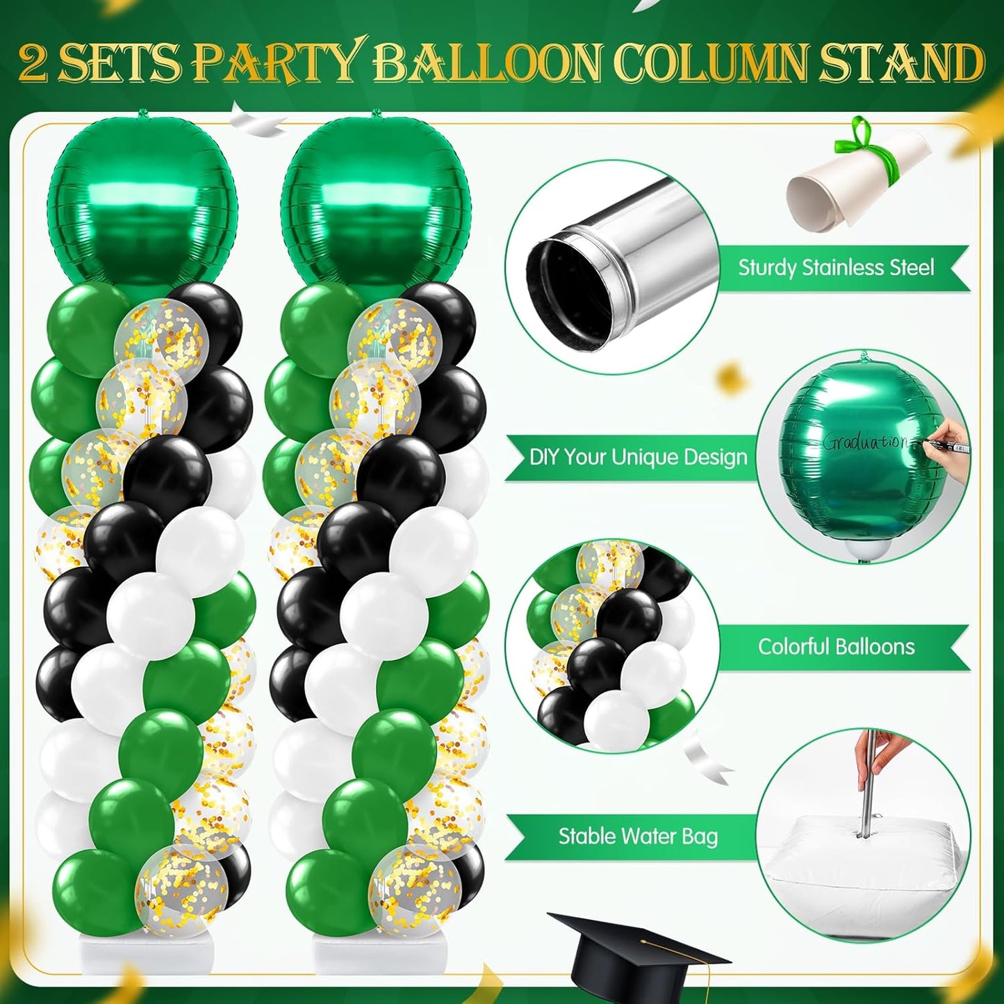 2 Sets Blue and Black White Graduation Balloon Column Stand Kit for Class of 2026, Adjustable Floor Balloon Arch Tower with Foil & Latex Balloons, DIY Decor for Grad Ceremony Backdrop