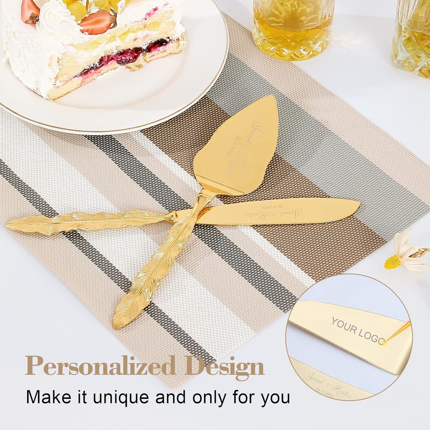 Wedding Cake Knife and Server Set, Personalized Gold Cake Cutting Set for Wedding, Engraved Classic Cake Knives Cutter Set, Pie Server, Birthday Bridal Quinceañera Gift (CUS-Flower)