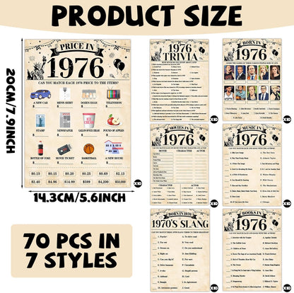 70Pcs 70th Birthday Party Games Born In 1956 Fun 1956 Trivia Music Slang Books Game Double-Sided Game Cards Vintage 70th Birthday Party Supplies for 70 Year Old Activity Anniversary Class Reunion