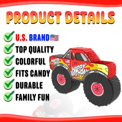 Jergrim Blue Monster Truck Piñata, Small 4 Piece Set, perfect for Kids Birthday Parties, Race Car Party Supplies fits piñata candy and party favors (17”X11”) Durable!