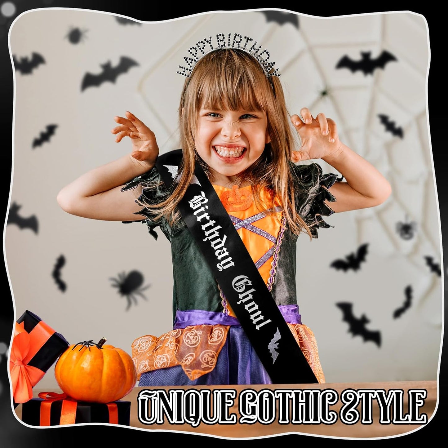 Zeyune 2 Pcs Goth Birthday Decorations Black Gothic Birthday Ghoul Sash with Headband for Girl Women Gothic Spooky Gifts Emo Horror Vampire Party Decorations(Silver,Skull)