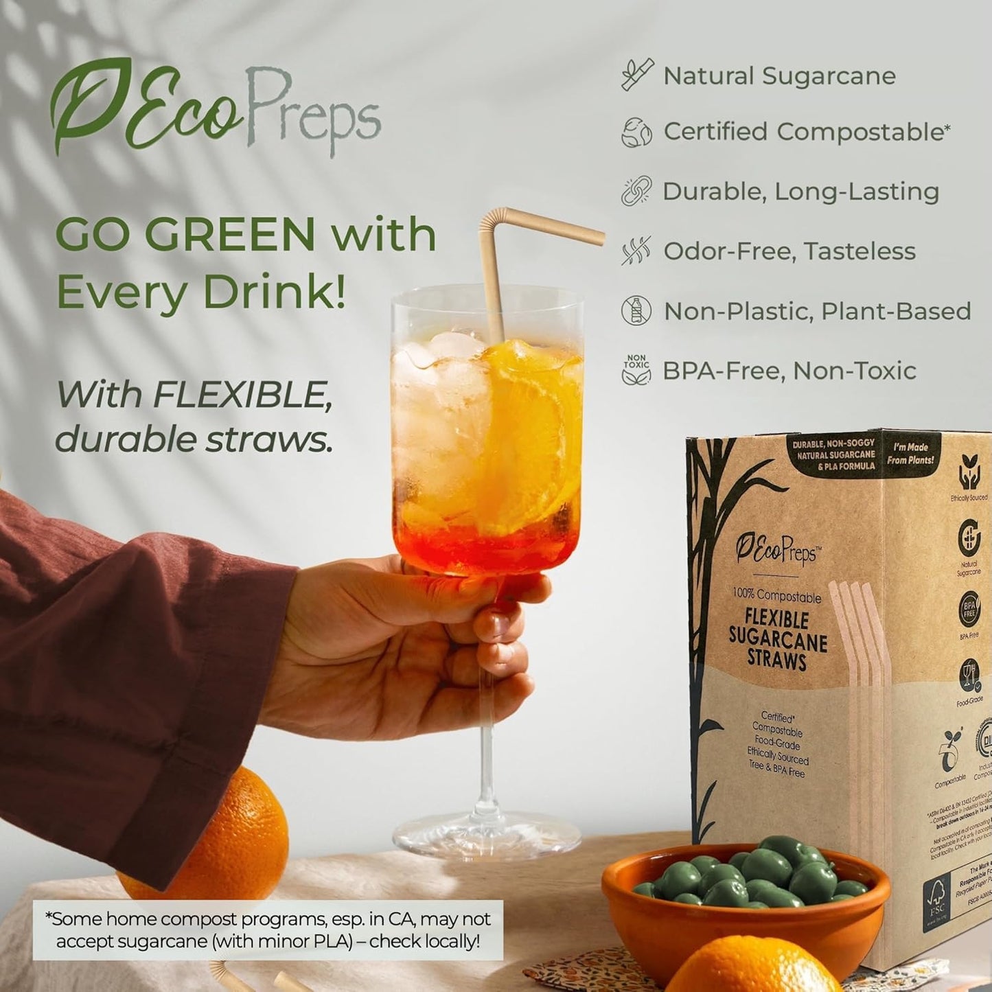 EcoPreps Biodegradable Sugarcane Straws | 150 Count, 100% Compostable, Plastic-Free, & Eco-Friendly Drinking Straw | 7.8'' Sugar Fiber Disposable Straws, Smoothie Straw for Home, Restaurant, Parties