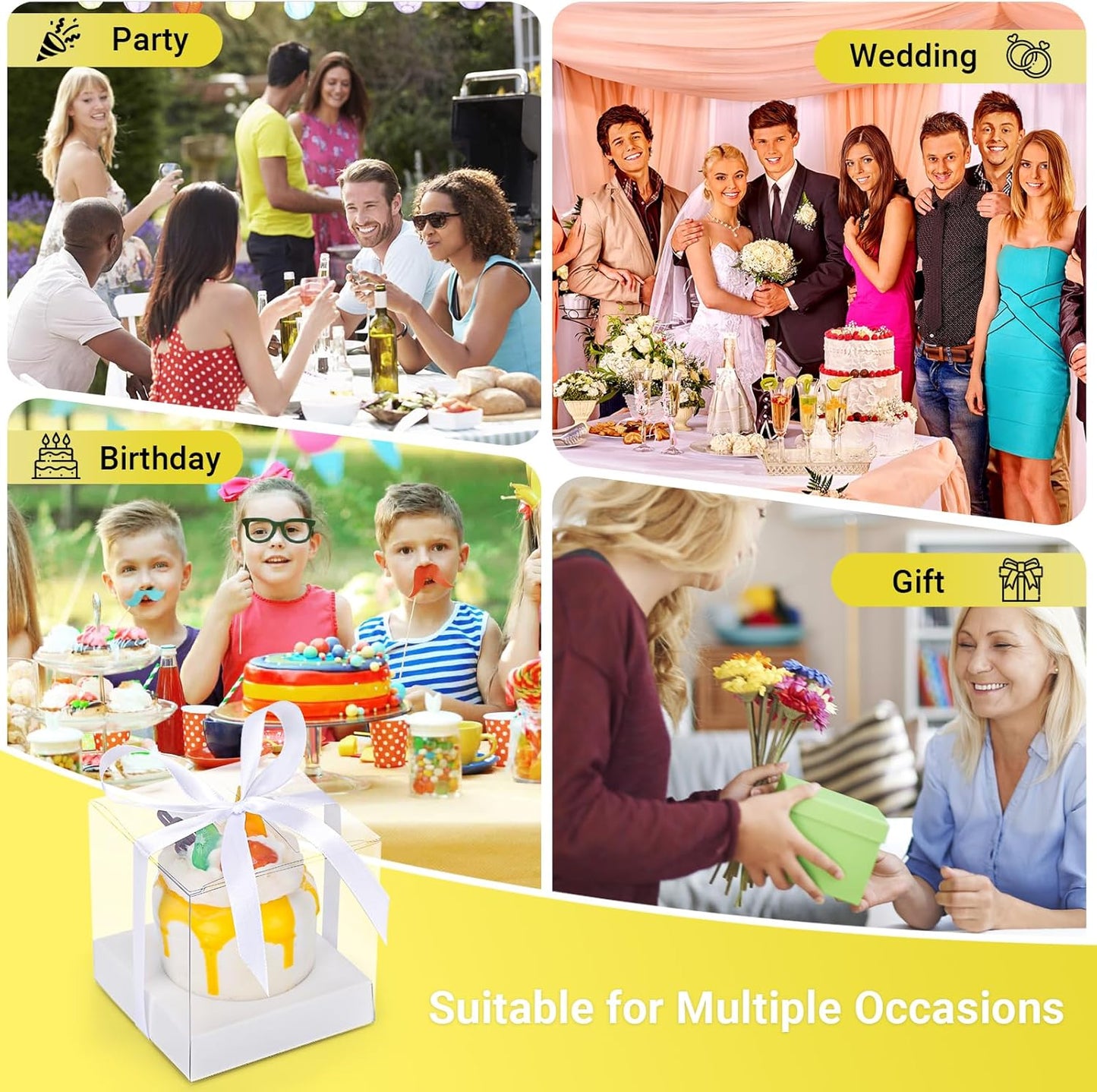 EUSOAR Individual Cupcake Holder, 50pcs 3.5 Inch Plastic Black Cupcake Containers with Lids, Single Transparent Display Clear Cupcake Carrier with Ribbon and Inserts for Wedding Party Favor