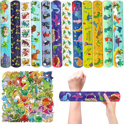 CZWXOXO 74Pcs Dinosaur Theme Party Favors Contain 24 Pcs Slap Bracelets 50Pcs Stickers, Dino Theme Birthday Party Decorations,Classroom Rewards Supplies.
