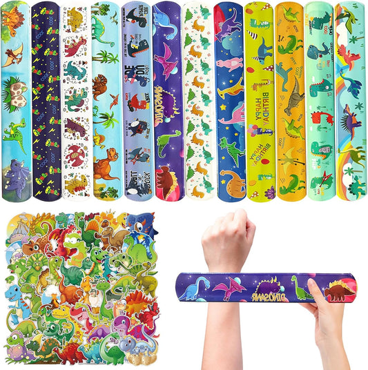 CZWXOXO 74Pcs Dinosaur Theme Party Favors Contain 24 Pcs Slap Bracelets 50Pcs Stickers, Dino Theme Birthday Party Decorations,Classroom Rewards Supplies.