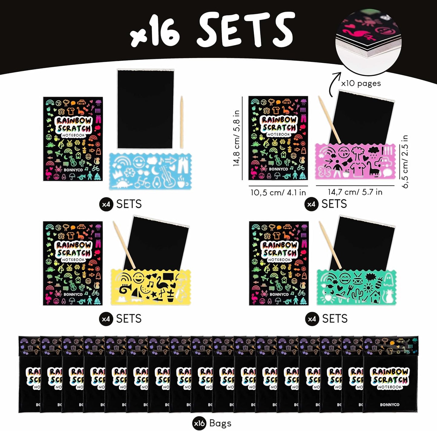 BONNYCO Rainbow Scratch Art for Kids 16 Sets with Notebook, Stencil and Wooden Stylus. Party Favors, Goodie Bags Stuffers for Kids, Classroom Prizes. End of Year Gifts Ages 3 to 12