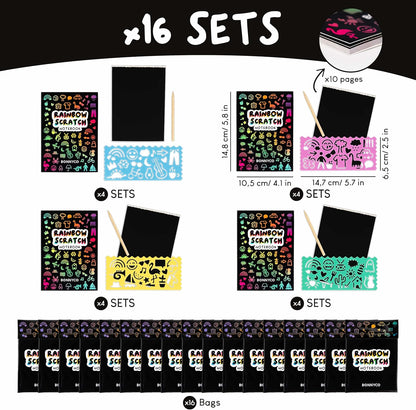 BONNYCO Rainbow Scratch Art for Kids 16 Sets with Notebook, Stencil and Wooden Stylus. Party Favors, Goodie Bags Stuffers for Kids, Classroom Prizes. End of Year Gifts Ages 3 to 12