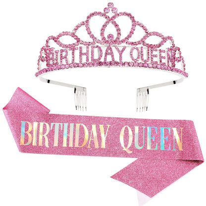 CAVETEE Gold Birthday Crowns and Sash - Queen Tiara for Party Decorations