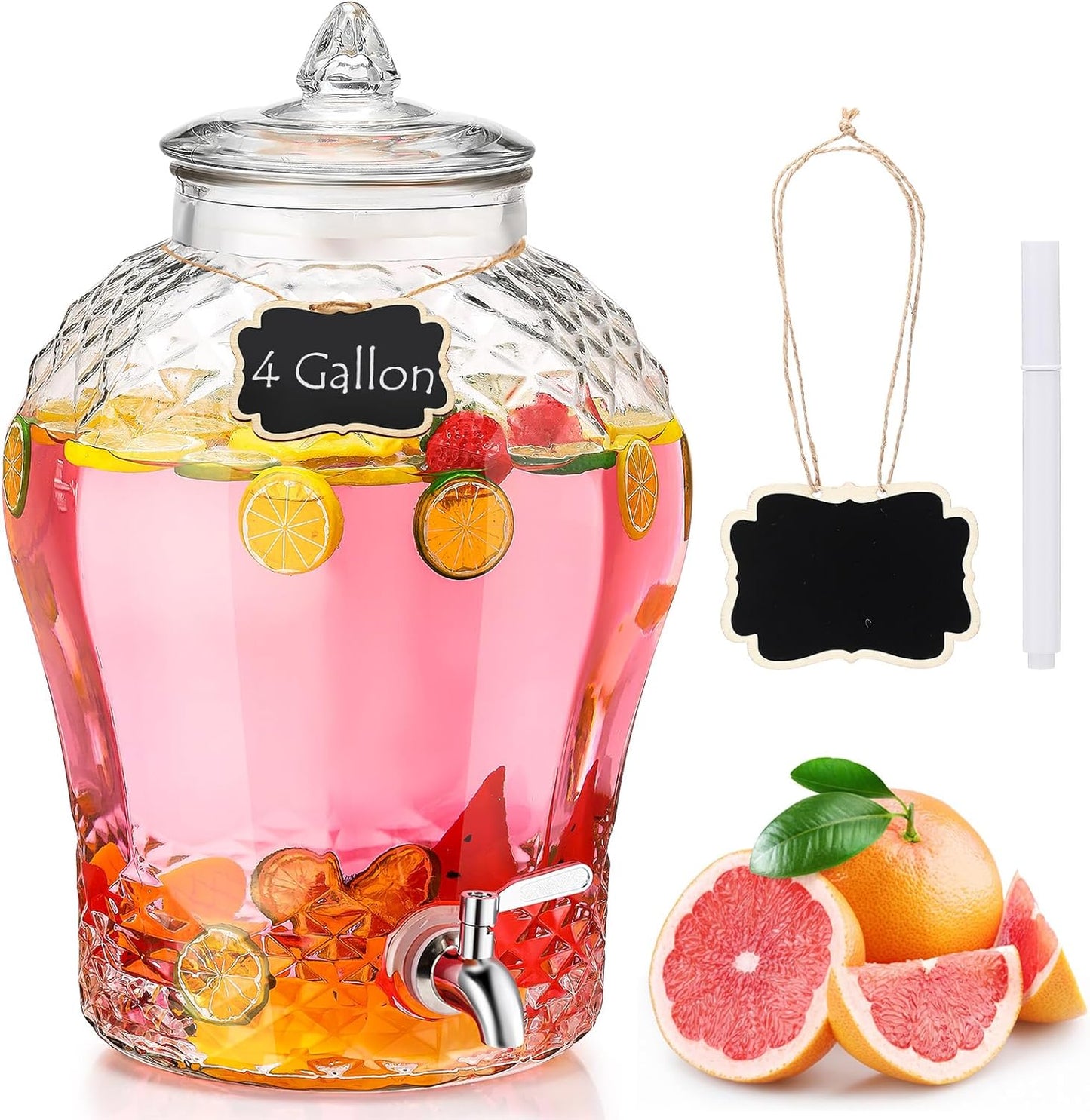 Baderke 5 Gallon Glass Drink Dispenser for Parties Beverage Dispensers Glass Water Dispenser with18/8 Stainless Steel Leakproof Spigot Hanging Chalkboard Signs Pen for Party Wedding (Fashion Style)