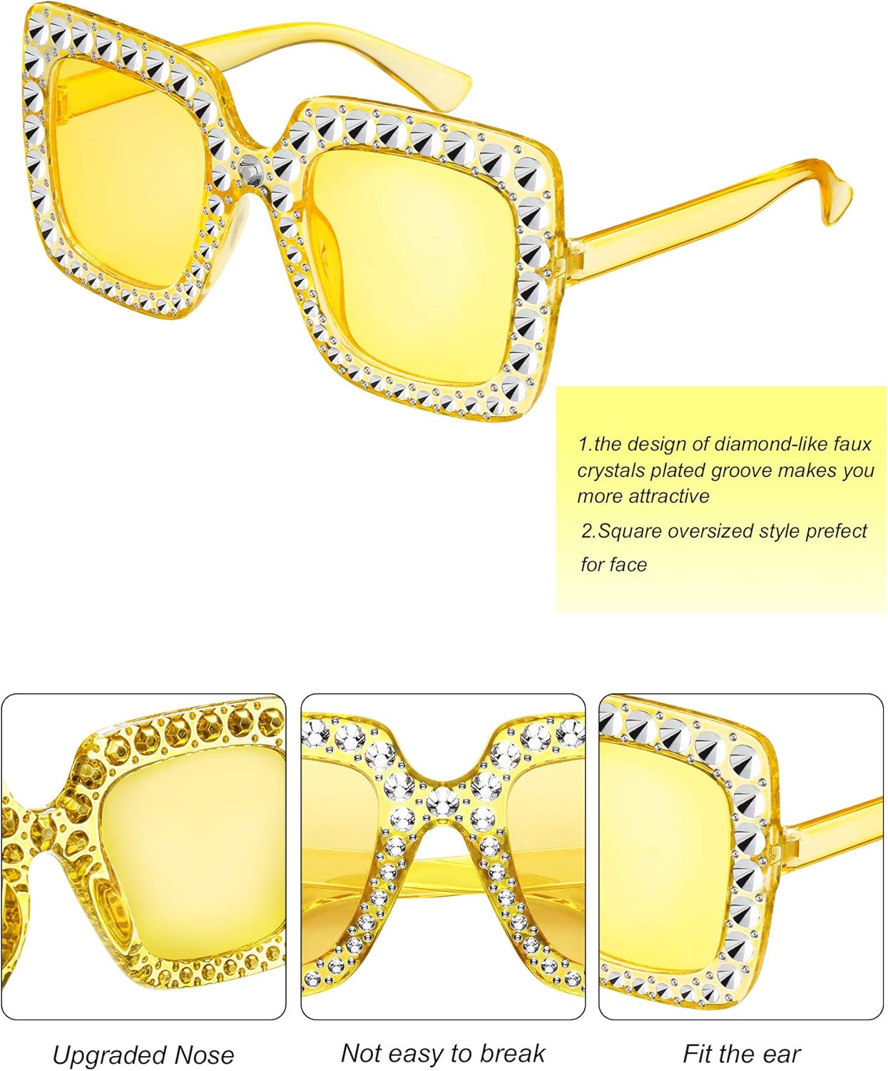 9 Pairs Rhinestone Oversized Square Sunglasses for Women Sparkling Bling Crystal Sunglasses AC Frame Glasses for Women