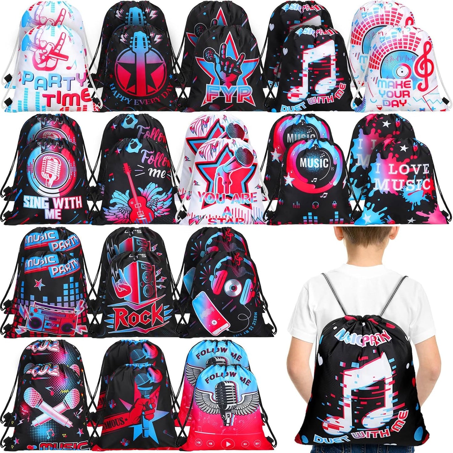 Funtery 32 Pcs Glow Party Drawstring Bags Glow Party Favors Neon Birthday Treat Bags for Teens Social Media Theme Gifts School Travel Supplies, 11.81 x 9.84 Inch