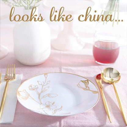 PLASTICPRO [16 OZ 20 Count] White Plastic Floral Design Party Soup bowls With Gold Rim Premium heavyweight Elegant Disposable Tableware Dishes