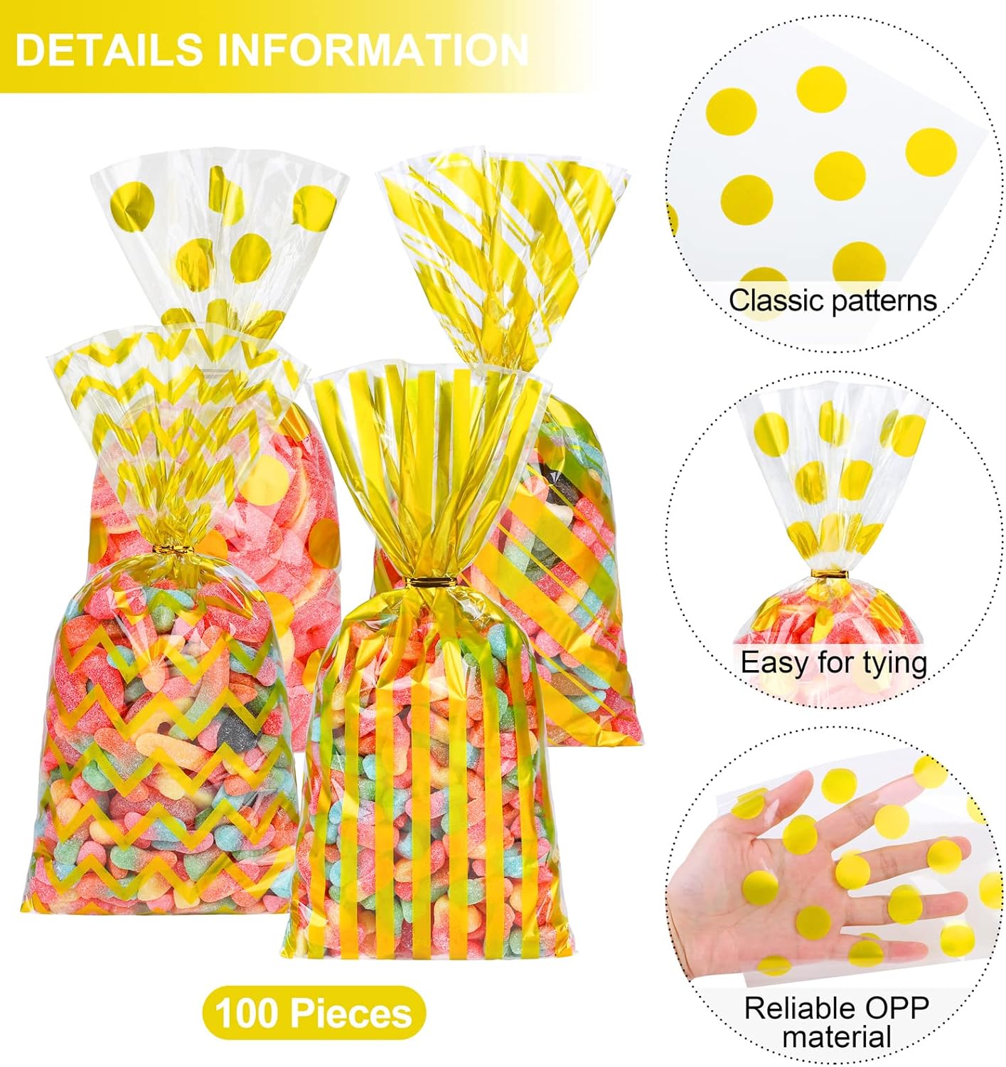 Aodaer 100 Pieces 10.6 x 5.1 In White Cellophane Bags Plastic Candy Gift Bag Cellophane Treat Bags with Twist Ties Stripes Polka Dot Printed Pattern Goodie Bag for Birthday Weddings Party Favors