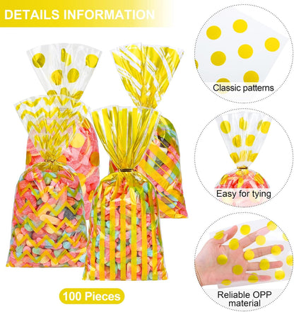 Aodaer 100 Pieces 10.6 x 5.1 In White Cellophane Bags Plastic Candy Gift Bag Cellophane Treat Bags with Twist Ties Stripes Polka Dot Printed Pattern Goodie Bag for Birthday Weddings Party Favors