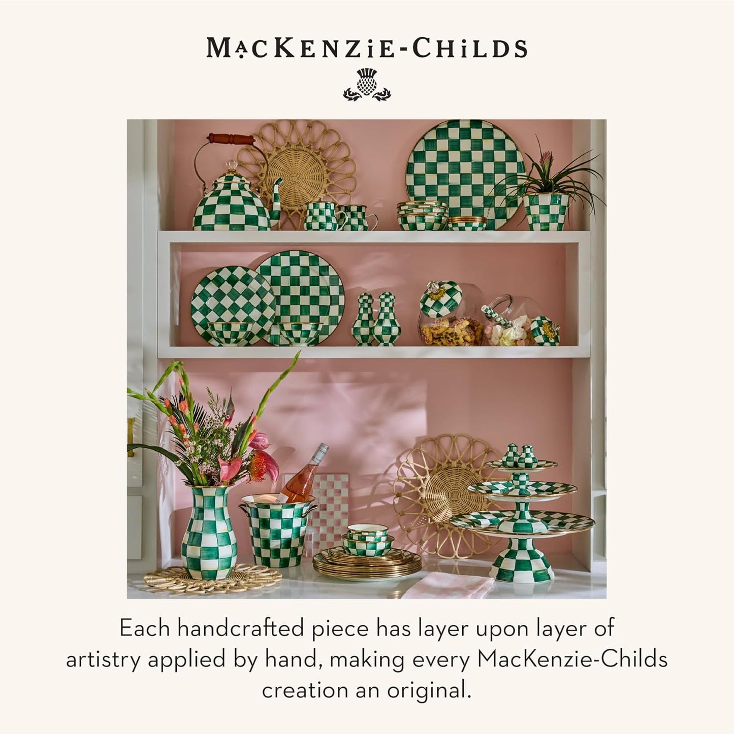 MACKENZIE-CHILDS Enamel Pedestal Platter, Round Cake Stand, Large, Black-and-White Courtly Check