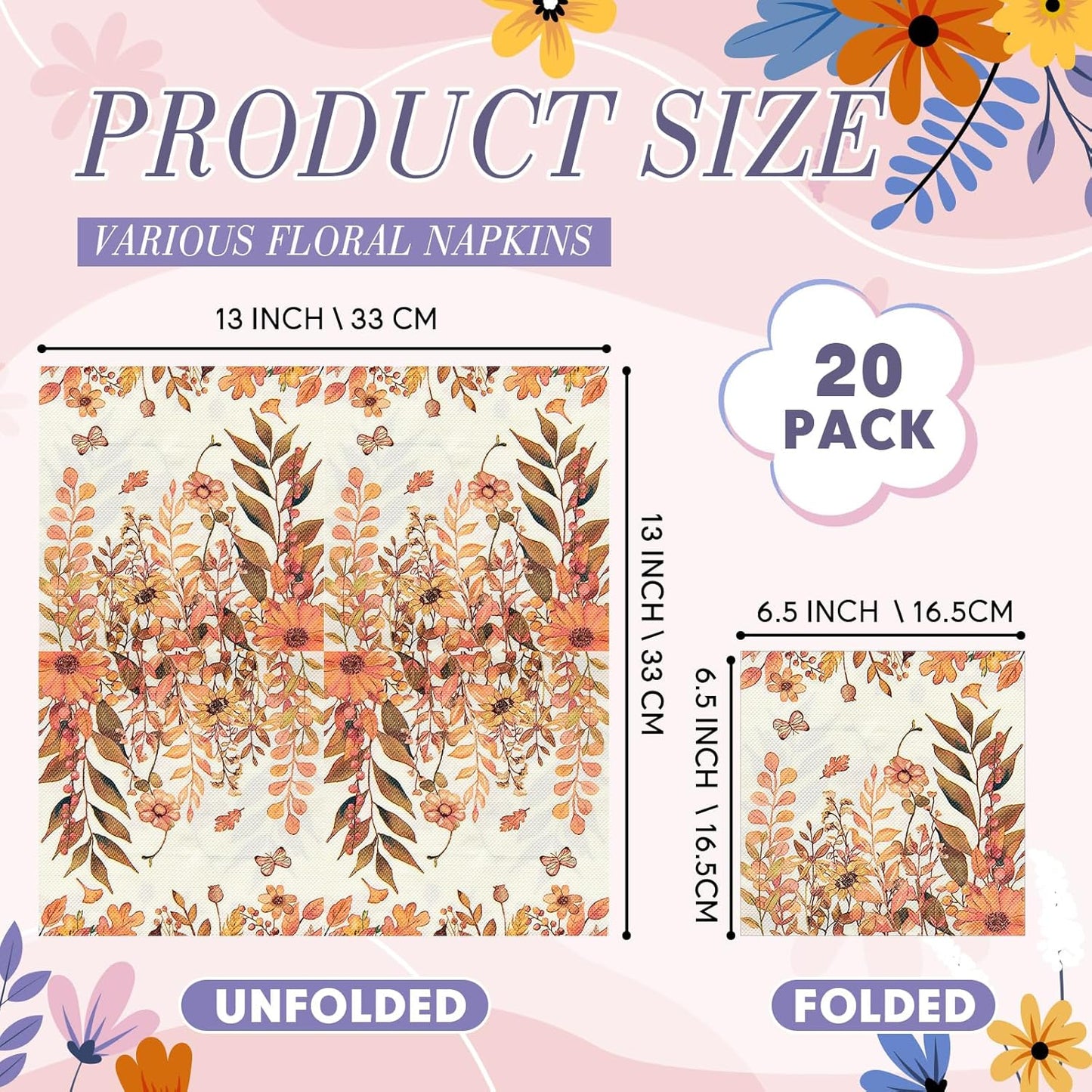 Crtiin 20 Pack Decoupage Napkins Floral Napkins Flower Cocktail Paper Decorative Toilet for Valentine's Day Birthday Party Beautiful Gorgeous, 20 Styles Each 6.5 Inches(Style 1)