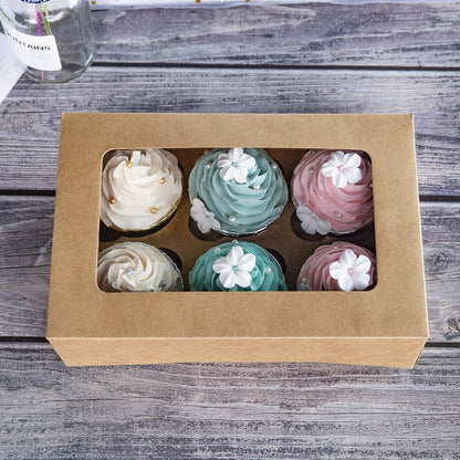ONE MORE Cupcake Boxes with Inserts 6 Holders,9.5x6.3x3inch Large Brown Kraft Standard Bakery Boxes with Window Food Grade Cake Carrier Container for Muffins Gift Treat Box Bulk,Pack of 15