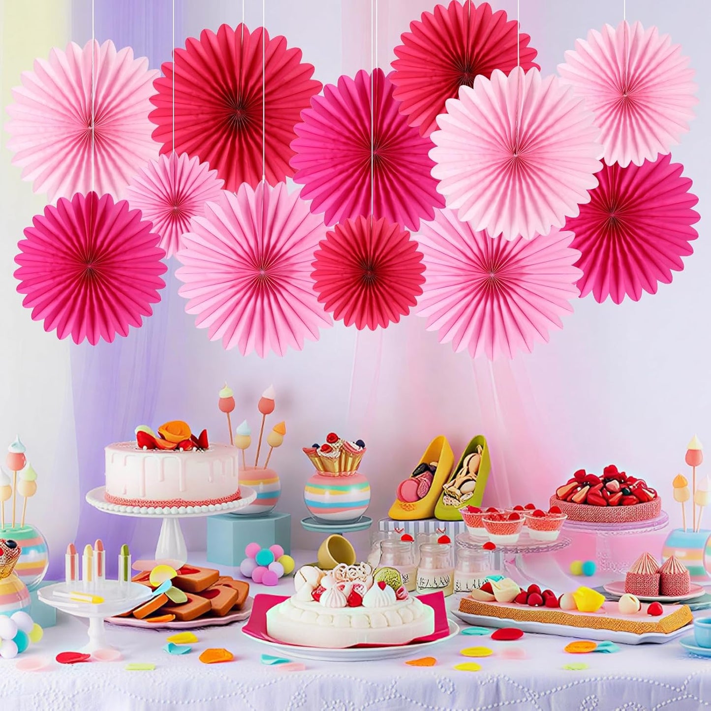BestoFun 12PCS Paper Fans Hot Pink Party Decorations Tissue Paper Flowers Decorations Paper Fans Party Decorations for Girl Groovy Birthday Baby Shower Wedding Bachelorette Room Wall Hanging Décor