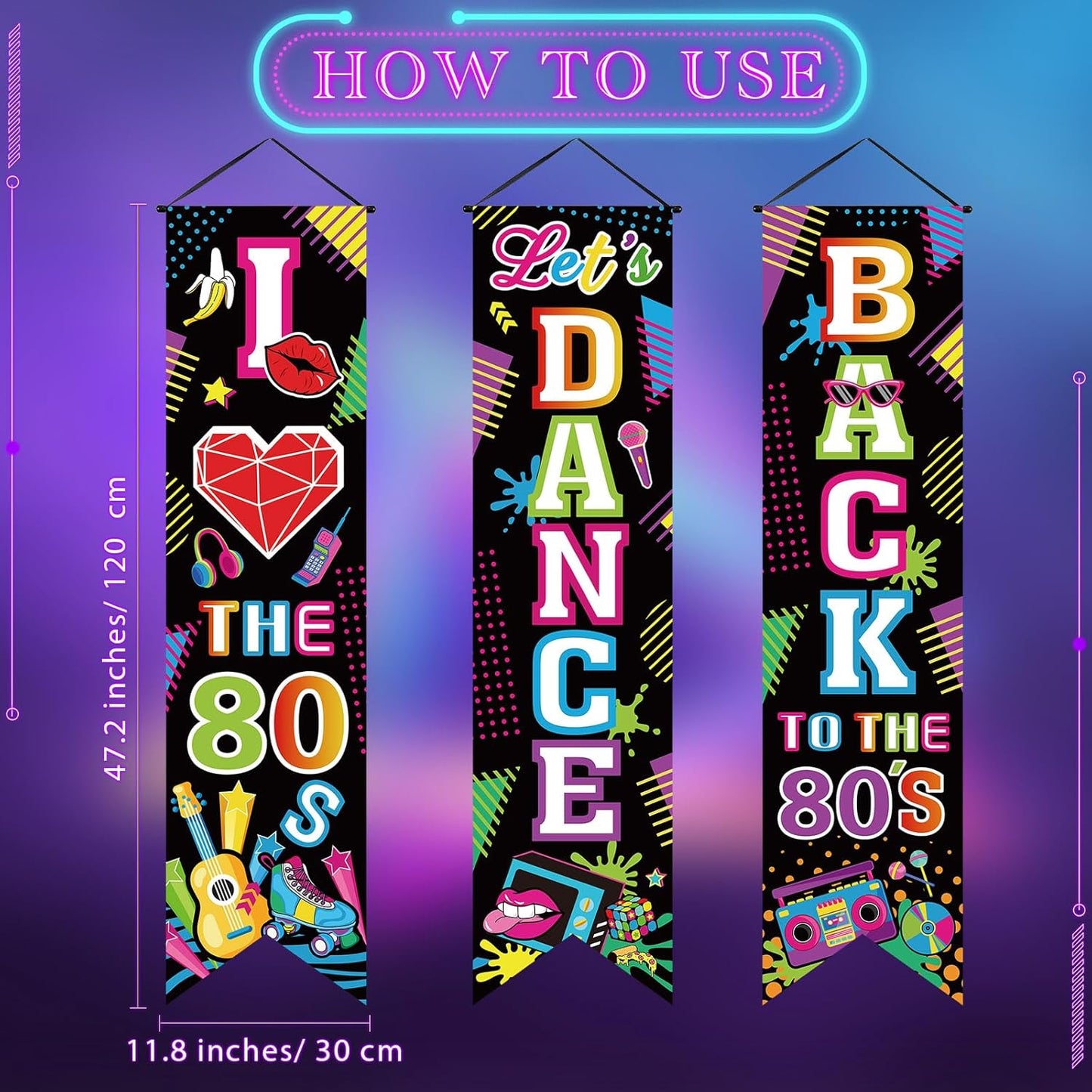 Chiisong 3 Pcs Neon Banner Party Decorations Let's Glow Banner Glow in the Dark Porch Sign Welcome Birthday Porch Sign for Neon Birthday Party Supplies Club Halloween Classroom Decorations