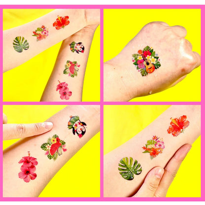 Tropical Flower Hawaiian Temporary Tattoos for Kids - 96 PCS Pre-cut Hawaii Luau Hibiscus Plumeria Party Favors Flower Summer Waterproof Stickers for Summer Aloha Party Decoration Supplies