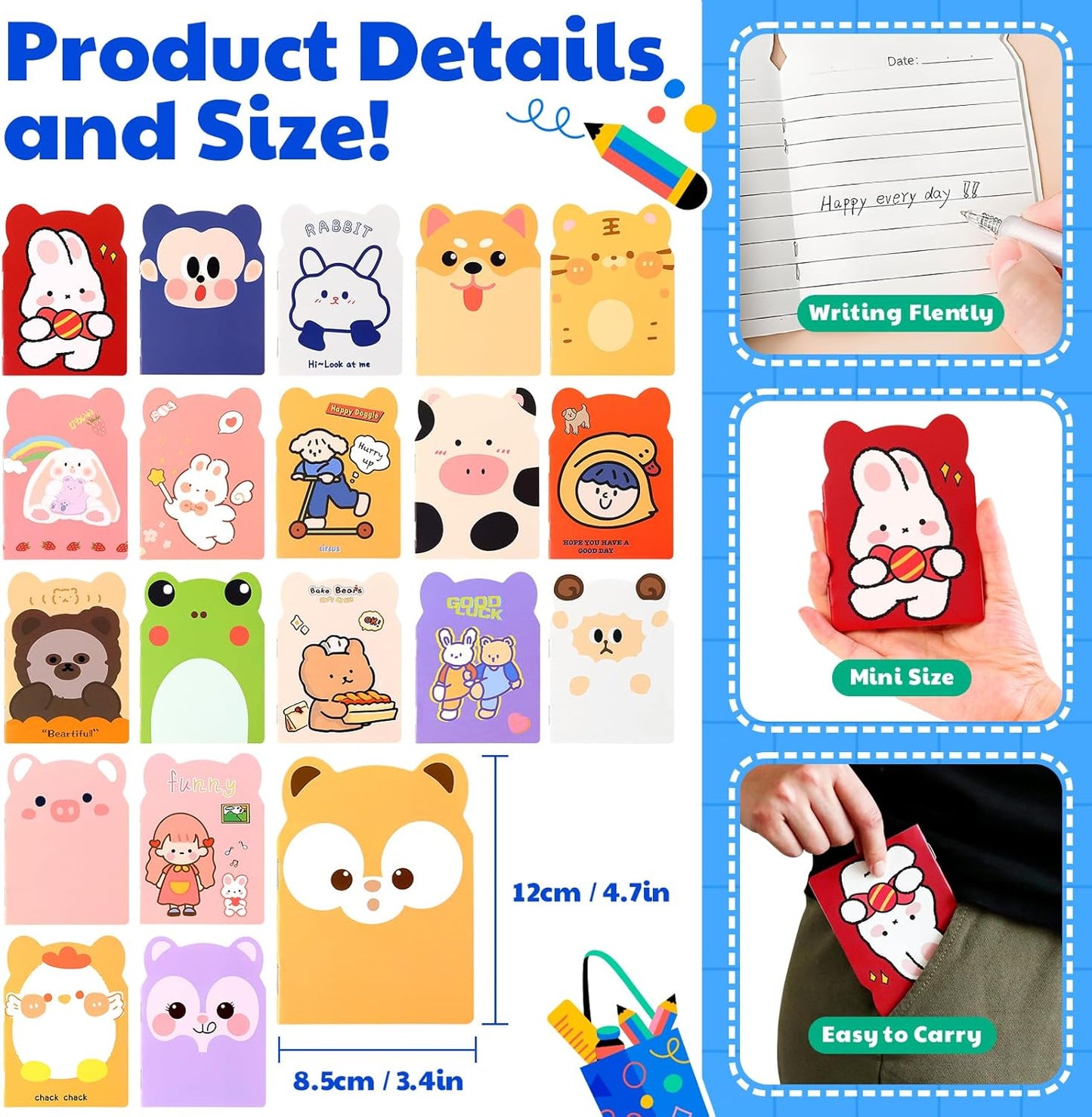 100pcs mini notebooks bulk party favors small cute pocketbook kawaii cartoon animal journal mini notepads for Christmas Classroom Prizes Gift College Ruled Pages back to school supplies for student