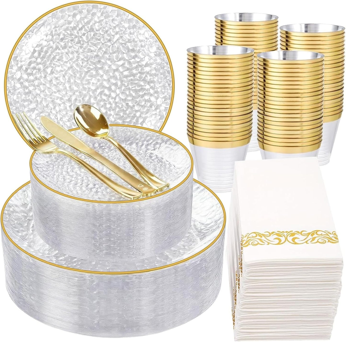 Rubtlamp 350 Pcs Clear Blue Plastic Plates, Blue Gold Plastic Dinnerware Set (50 Guests), Blue Disposable Plates With Gold Rim, Hammered Party Plates Set for Wedding And Party