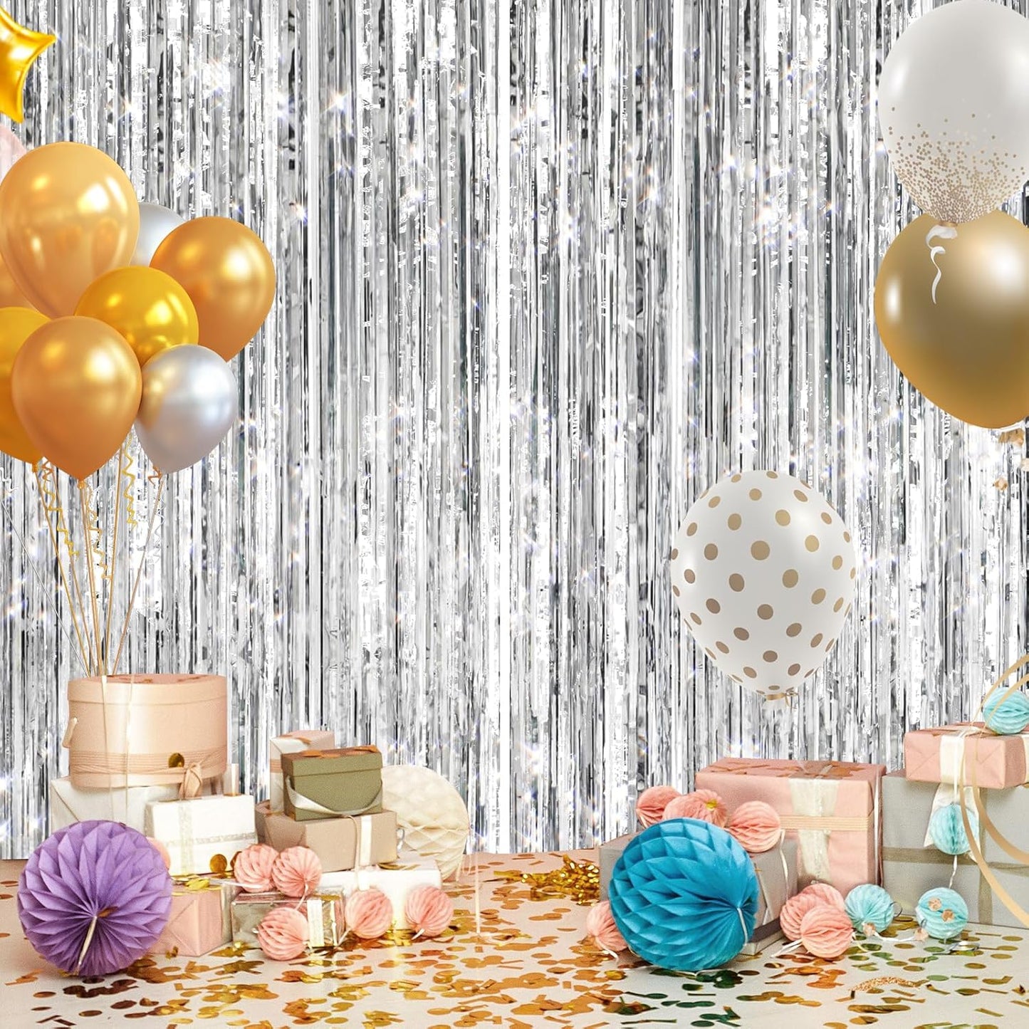 GCB 2Pack Black Metallic Tinsel Foil Fringe Curtains, Black Foil Curtain Backdrop, Photo Booth Props for Birthday Wedding Baby Shower Bachelorette Xmas Celebration Party Decorations Door Streamers