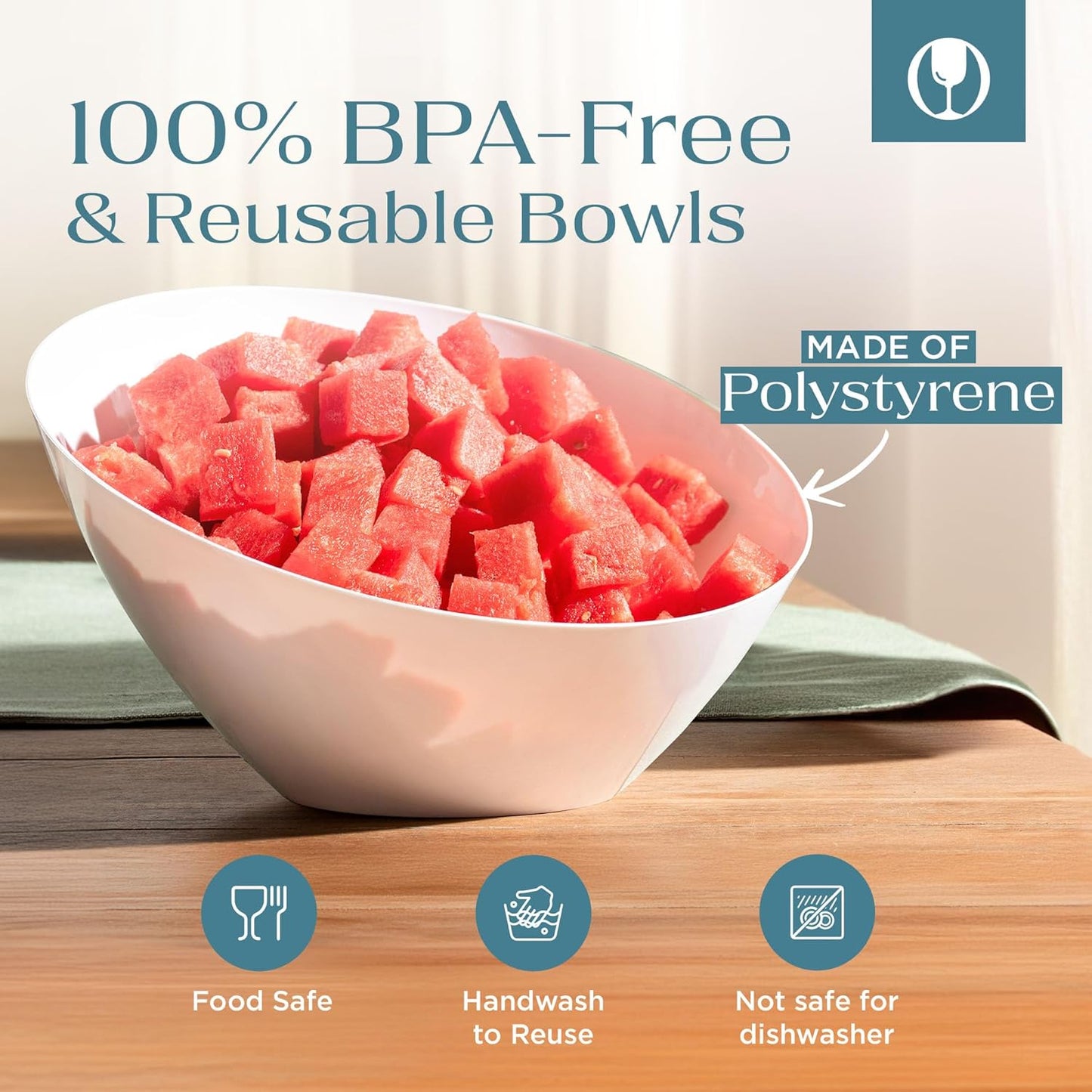 Posh Setting Crystal Clear, Disposable Premium Hard Plastic Medium Angled Bowl, Party, Salad, Snack and Fruit Bowl 5 Pack