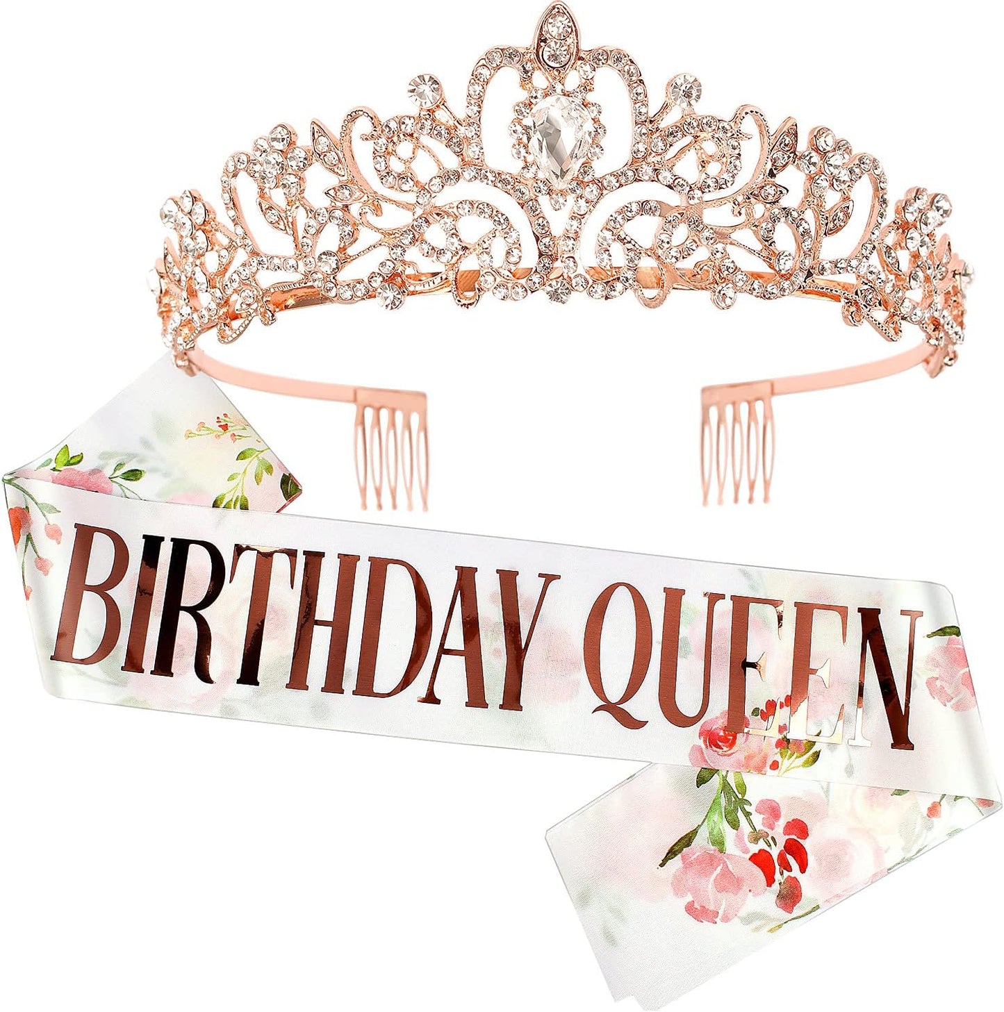 COCIDE Birthday Queen Sash & Rhinestone Tiara Set Gold Happy Birthday Crowns for Women Party Decoration Kit Rhinestone Headband for Women Glitter Crystal Hair Accessories for Cake Topper