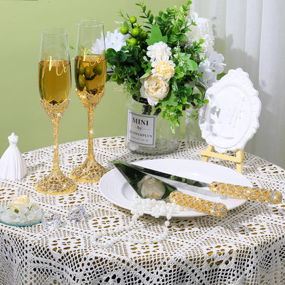 Sratte 4 Pcs Wedding Cake Knife and Champagne Flutes Server Set, Toasting Crystal Rhinestone Champagne Flutes Glasses Cake Knife Pie Server Wedding Gifts for Couple Bride Groom(Gold)